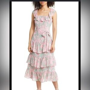Eliza J Tie Waist tie Floral Tiered MIDI dress size 2